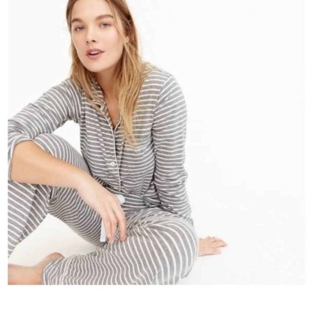 J. Crew Dreamy Heather Graphite Gray Stripe Classic Loungewear Pajama PJ Set XS